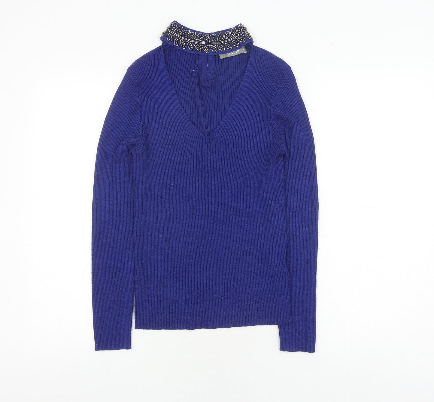Oasis Women's Blue Beaded V-Neck Pullover Jumper S