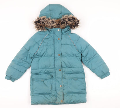Additional front view of FatFace girls’ blue long puffer jacket 3-4 winter coat