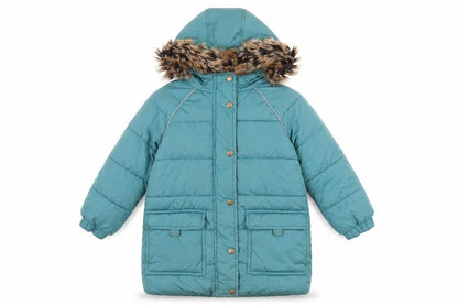 Front view of FatFace girls’ blue long puffer jacket 3-4 winter coat