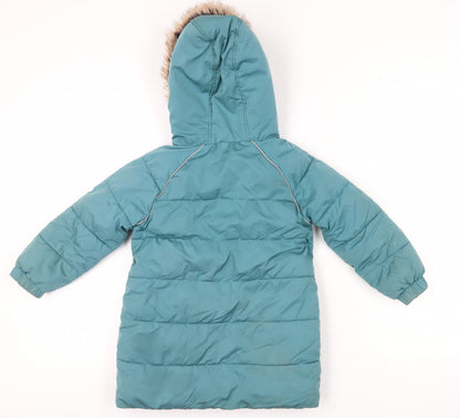 Back view of FatFace girls’ blue long puffer jacket 3-4 winter coat