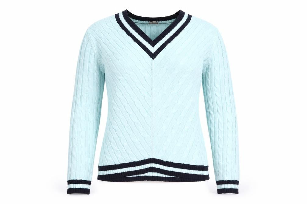 Country Casuals Women's Blue Cable-Knit V-Neck Jumper Size L