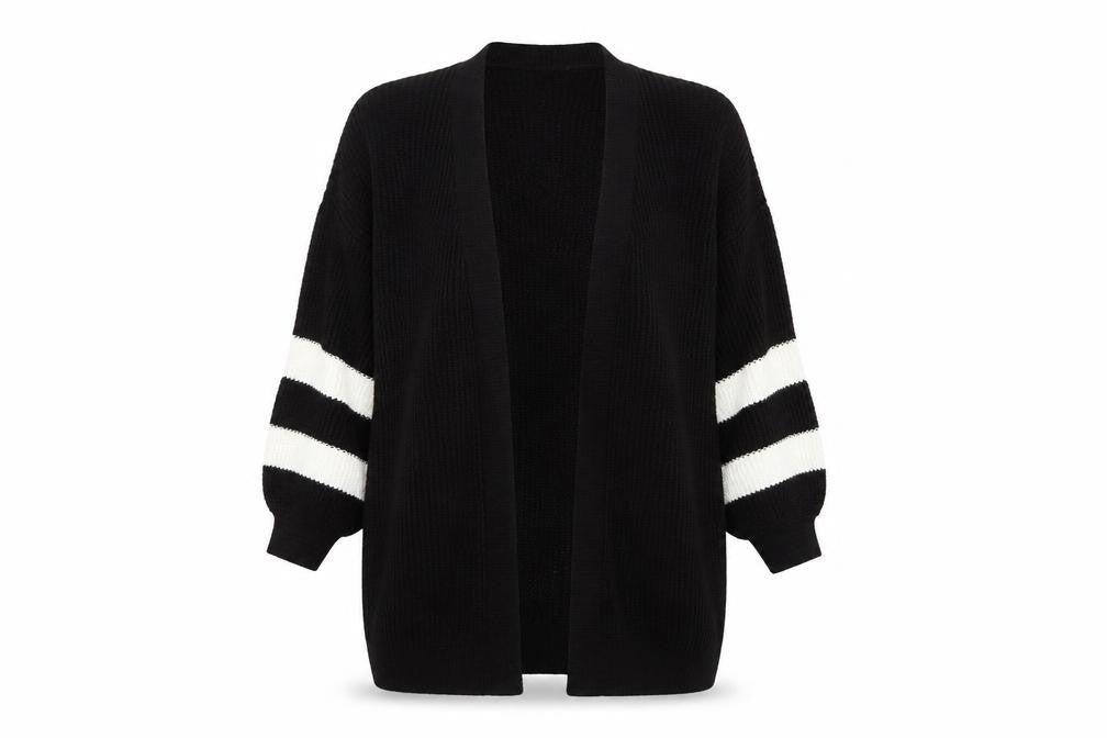 LTS Women's Black Cardigan, Size 8, Striped Balloon Sleeve