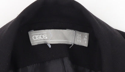 Brand and care label for ASOS Women's Black Long Overcoat, size 8