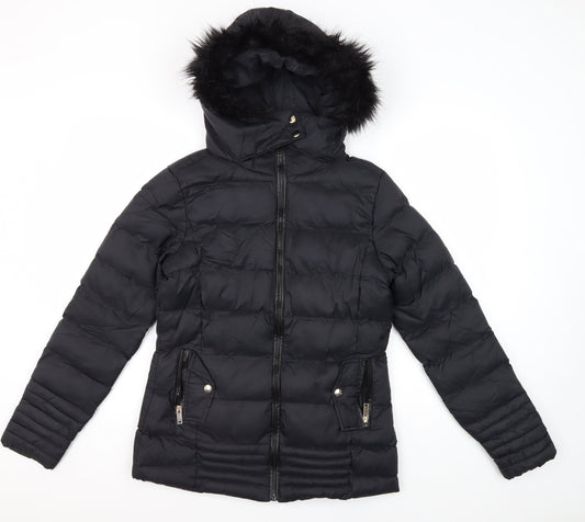 Brave Soul Women's Black Puffer Jacket Size 8 Winter Fur Trim