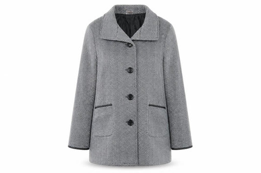 Front view of Anne de Lancay Women's Grey Herringbone Overcoat - L
