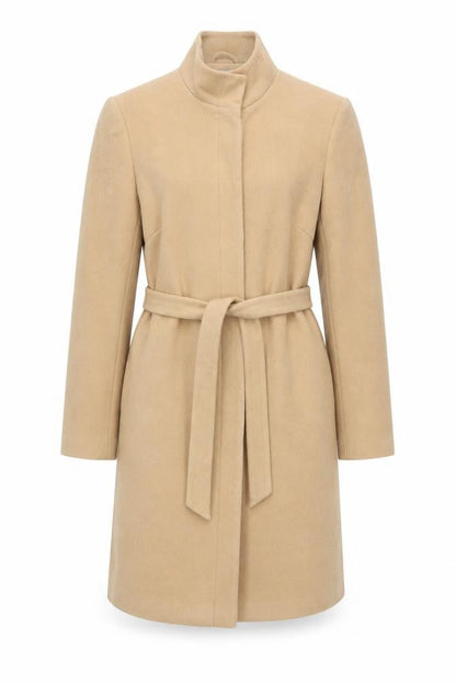 Front view of Amaranto Women's Beige Wool Overcoat, size 14
