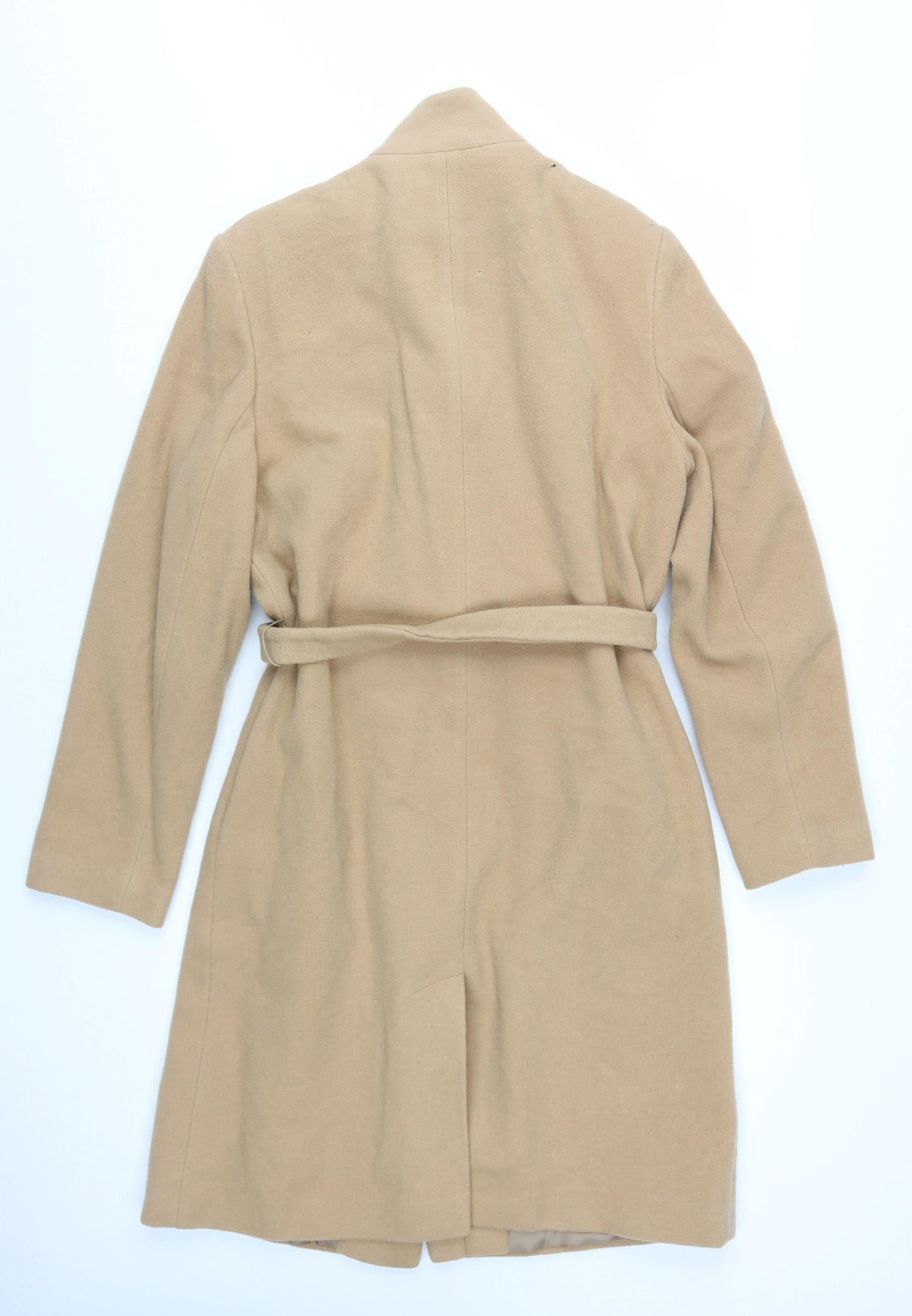 Back view of Amaranto Women's Beige Wool Overcoat, size 14