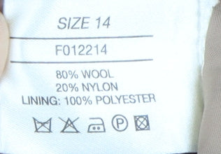 Brand and care label for Amaranto Women's Beige Wool Overcoat, size 14