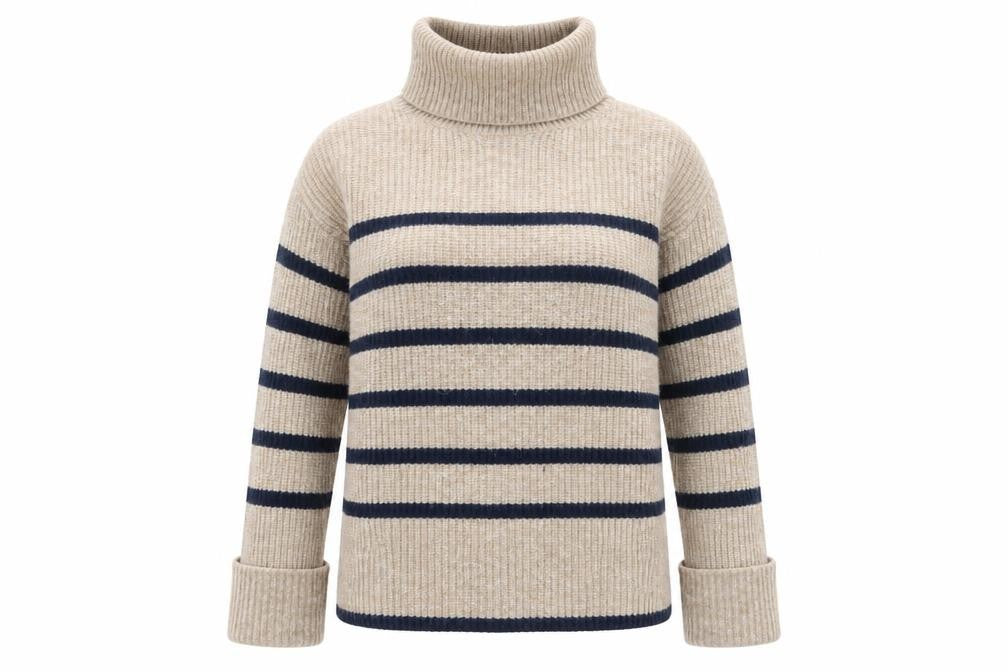 Marks & Spencer Women Beige Striped Roll Neck Jumper XS
