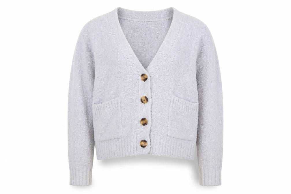 Out From Under Women's Grey Cardigan, S, V-Neck, Button