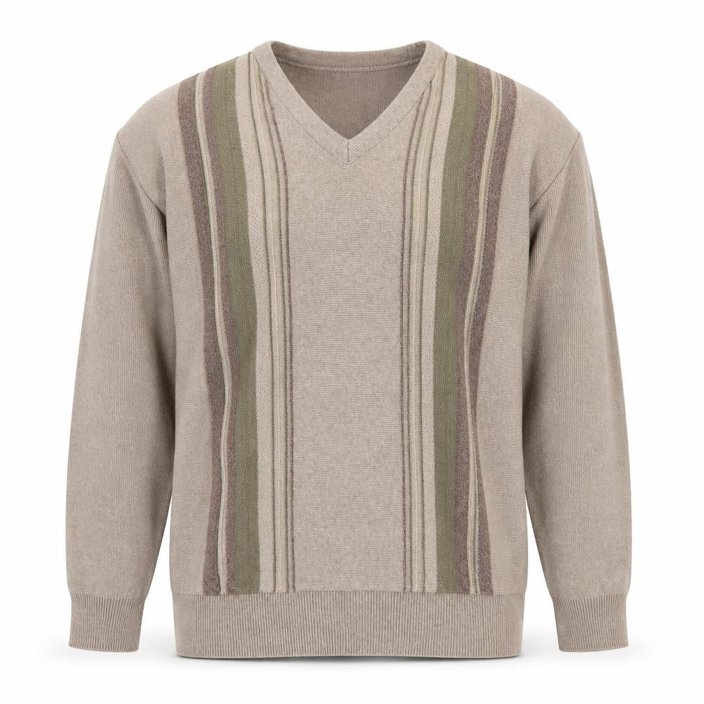 Greenwoods Men's Beige V-Neck Striped Pullover - L