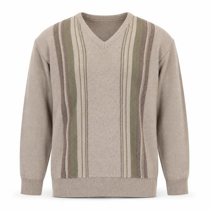 Greenwoods Men's Beige V-Neck Striped Pullover - L