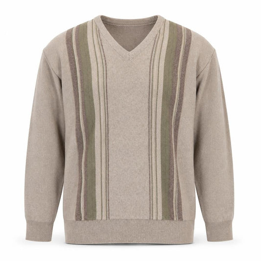 Greenwoods Men's Beige V-Neck Striped Pullover - L