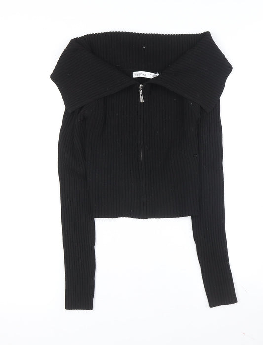 Bershka Women's Black Collared Full Zip Jumper L