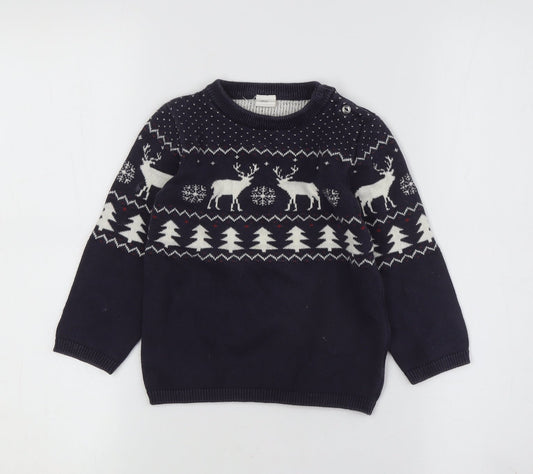 H&M Boys Blue Reindeer Knit Jumper 2 Years Winter