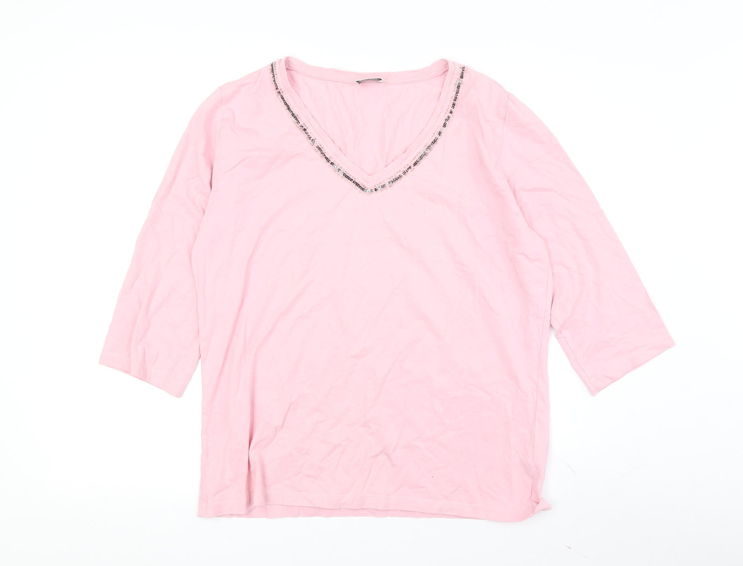 Via Appia Women's Pink V-Neck Beaded T-Shirt Size 16