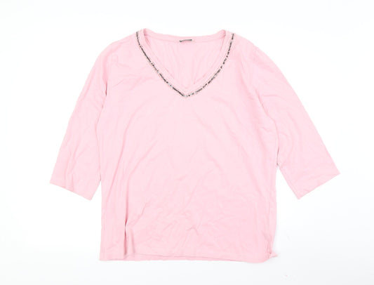 Via Appia Women's Pink V-Neck Beaded T-Shirt Size 16