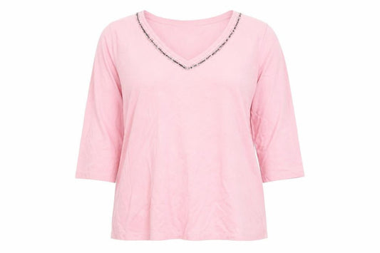 Via Appia Women's Pink V-Neck Beaded T-Shirt Size 16