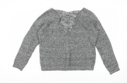 Back view of Only Women's Grey V-Neck Knit jumper, size M