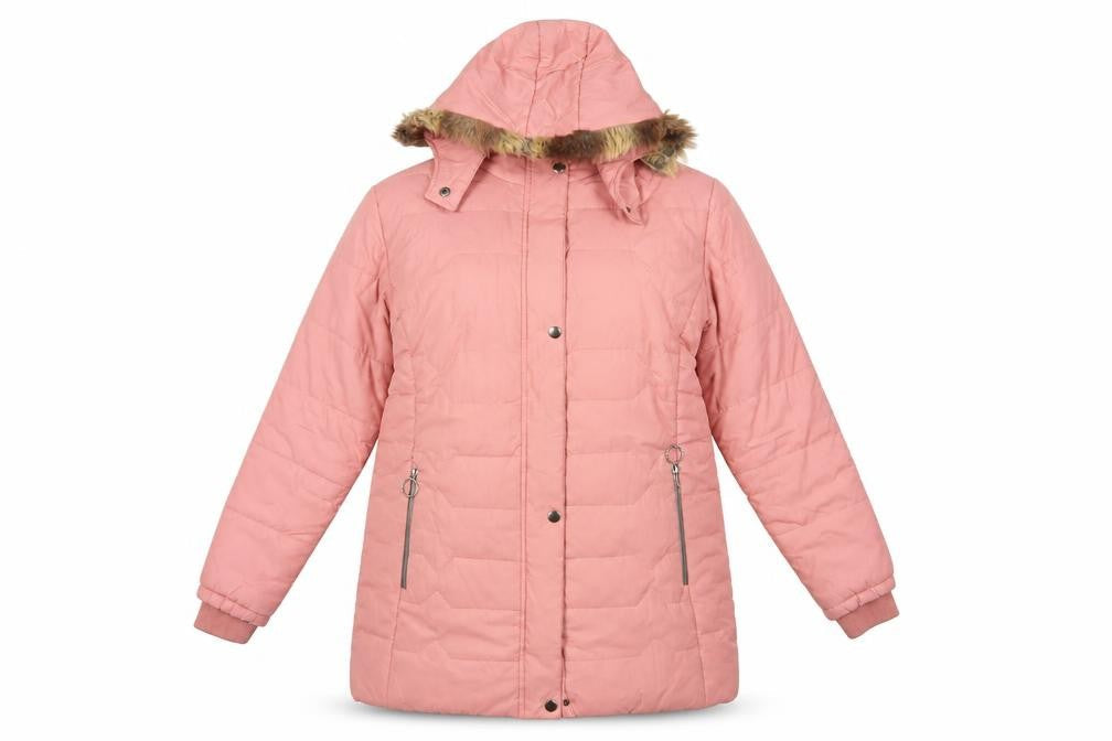 Sparkey Women's Pink Long Puffer Jacket L, Hooded, Fur Trim