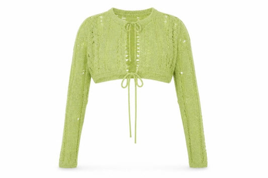 Front view of Asos Women’s Green Open-Knit Cardigan, size UK 10