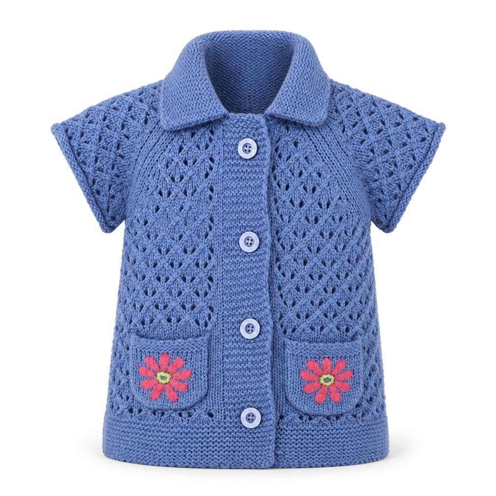 John Lewis Girls Blue Knit Cardigan, Size 6, Short Sleeve