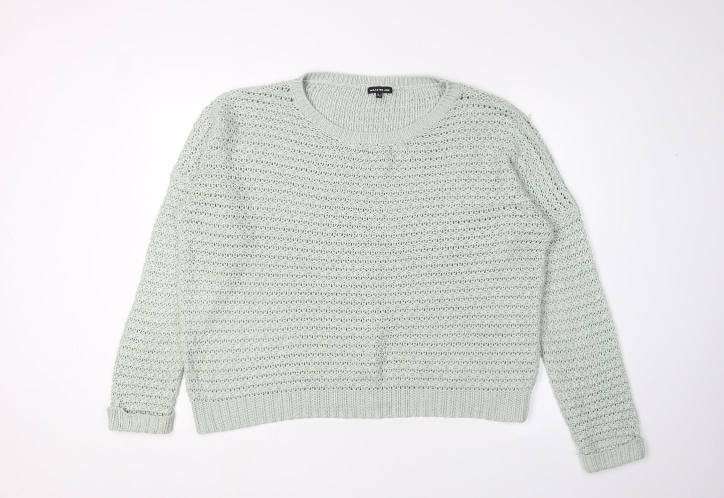 Warehouse Women's Green Open-Knit Pullover, Size 14