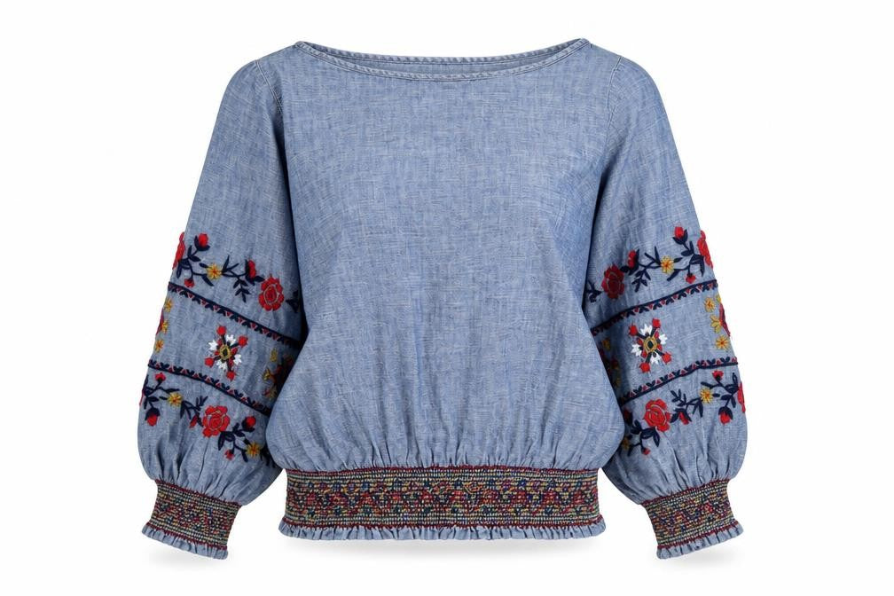 GAP Women's Blue Embroidered Tunic Blouse, XS, Cotton