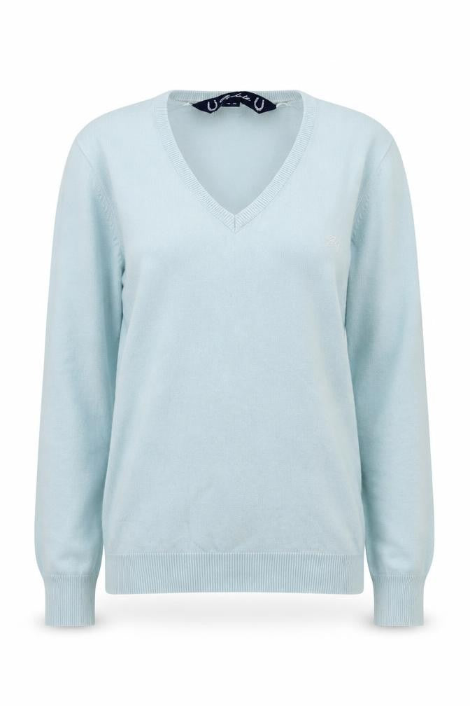 Rydale Women's Blue V-Neck Cotton Pullover Jumper