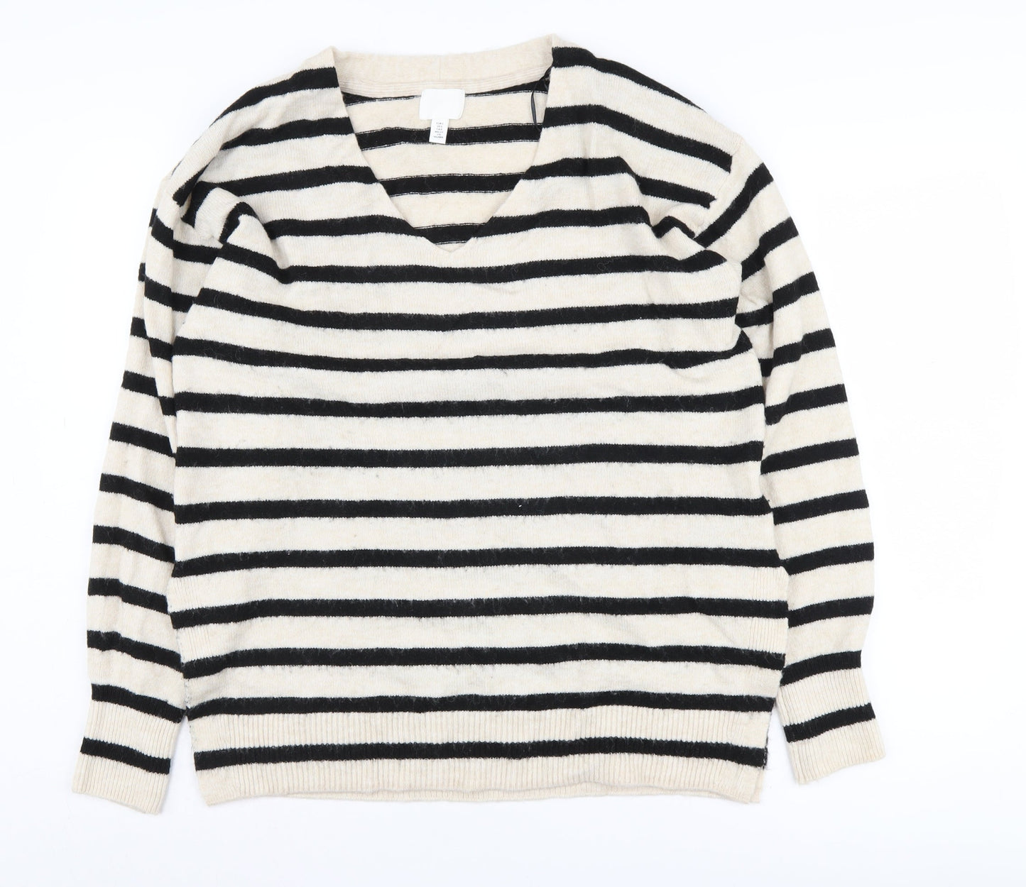 H&M Women's Black Beige Striped Jumper, Size S, V-Neck