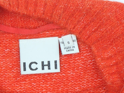Close-up detail of ICHI Women's Orange Mock Neck Jumper, size S