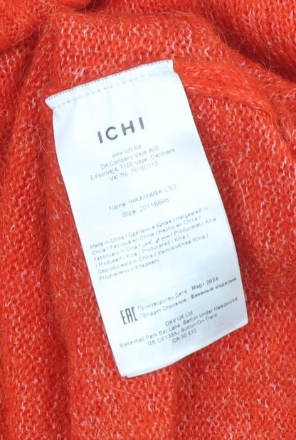 Brand and care label for ICHI Women's Orange Mock Neck Jumper, size S