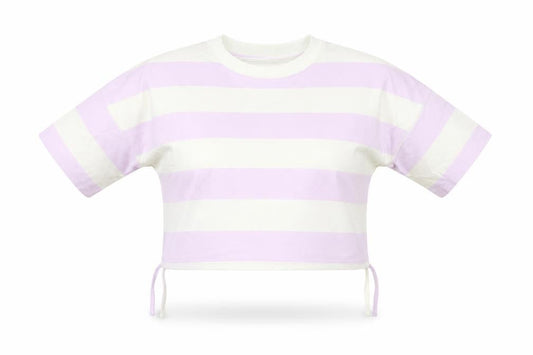 Front view of John Lewis girls’ striped cropped t-shirt, size 10, multicoloured