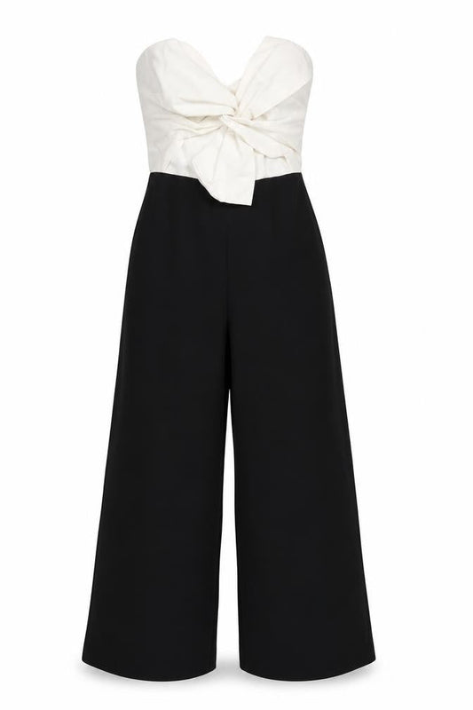 Front view of Miss Selfridge Women’s White Black Bow Jumpsuit, size UK 8