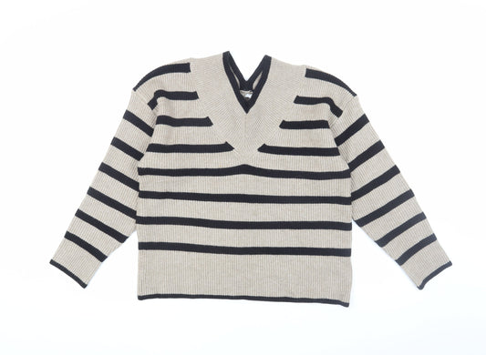 Next Women's Beige Striped V-Neck Pullover - Size 12