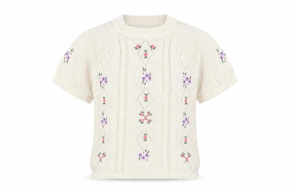 Cider Women's Ivory L Embroidered Knit T-Shirt