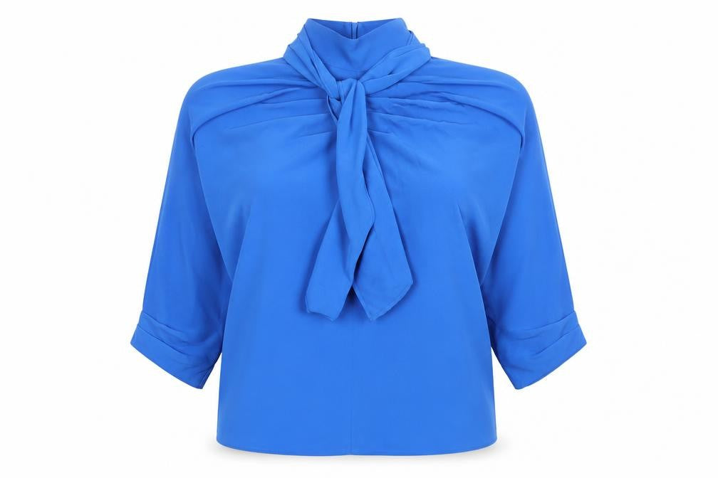 Zara Women's Blue High Neck Blouse, Size 2, Bow Accent