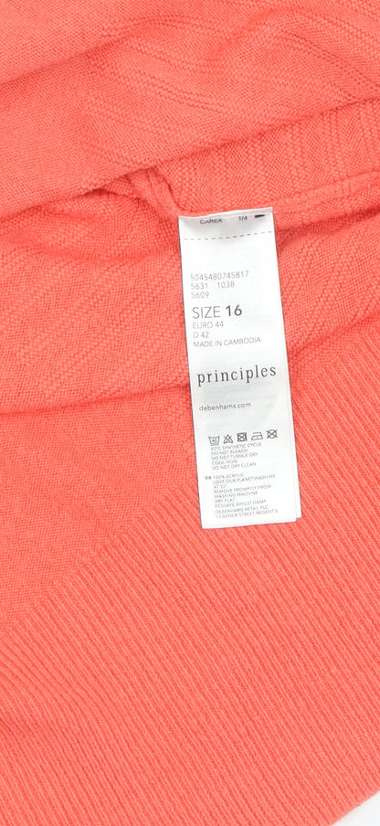 Brand and care label for Principles Women's Orange V-Neck jumper, size 16