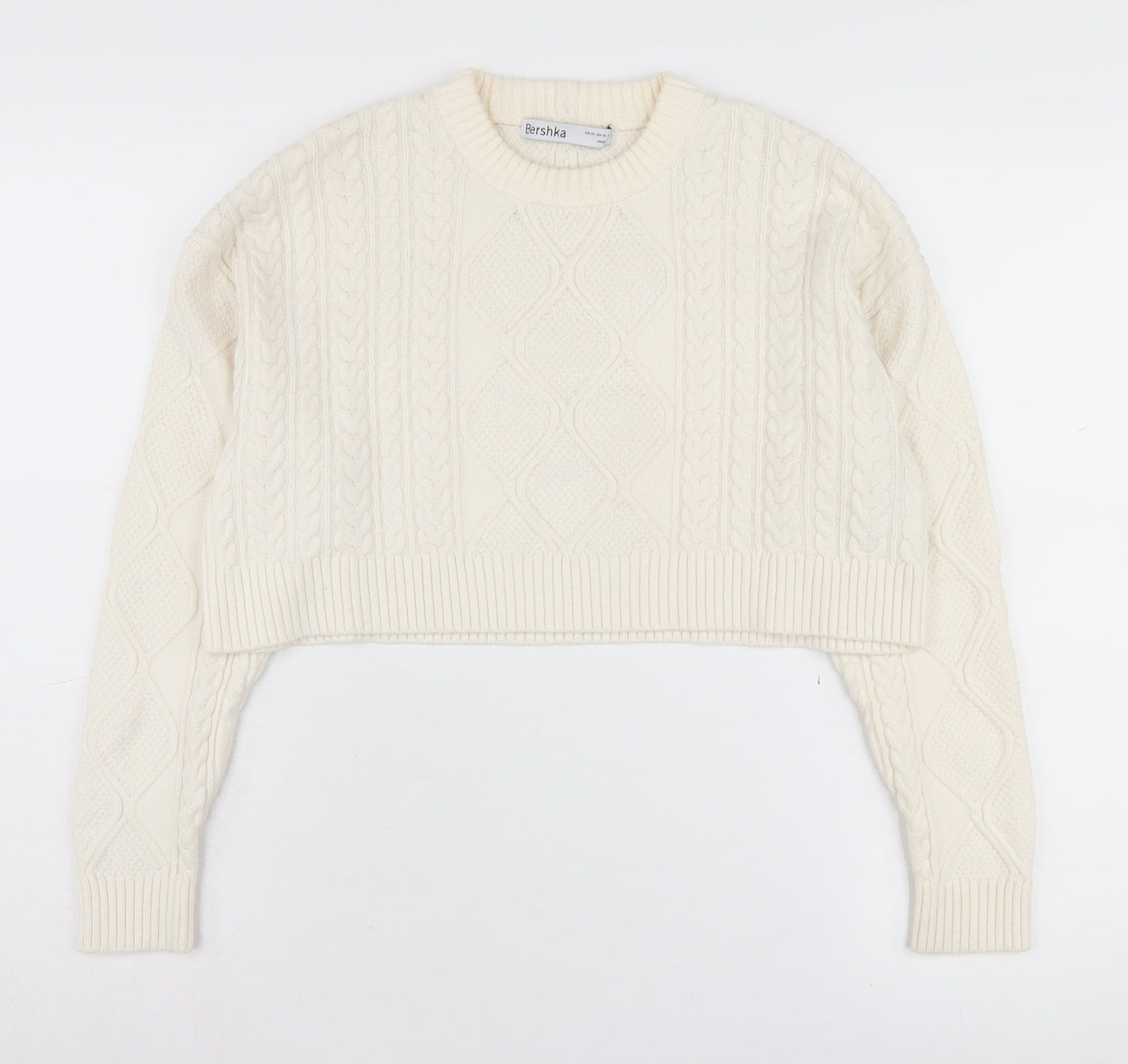 Bershka Women's Ivory Cable-Knit Pullover Jumper XS