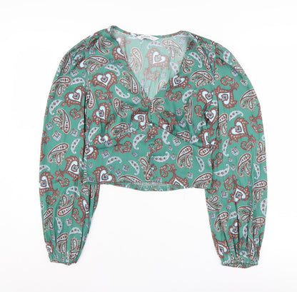 Stradivarius Women's Green Paisley Cropped Blouse