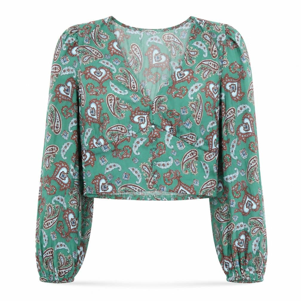 Stradivarius Women's Green Paisley Cropped Blouse