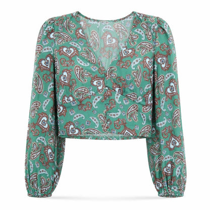 Stradivarius Women's Green Paisley Cropped Blouse