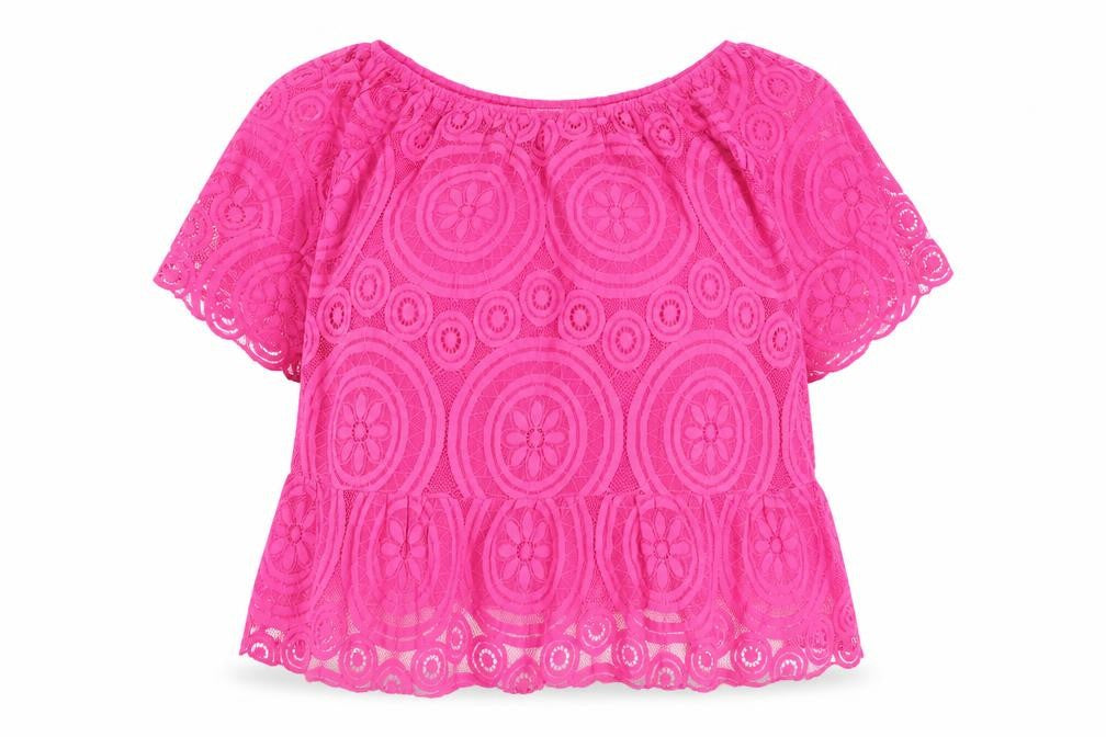 Mudflower Women's Pink Lace Blouse Short Sleeve