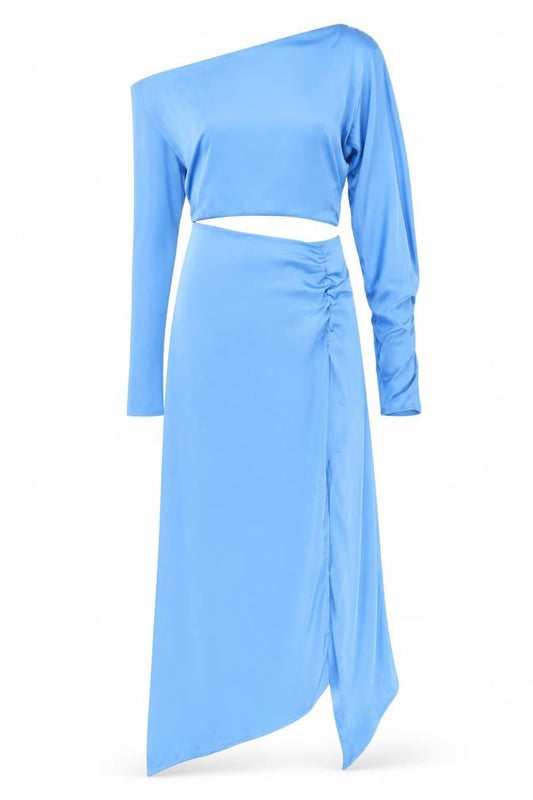Front view of Stradivarius Blue One Shoulder Asymmetric Dress L