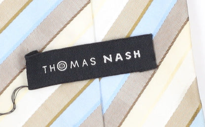 Close-up detail of Thomas Nash Men's Beige Blue Striped Slim Tie
