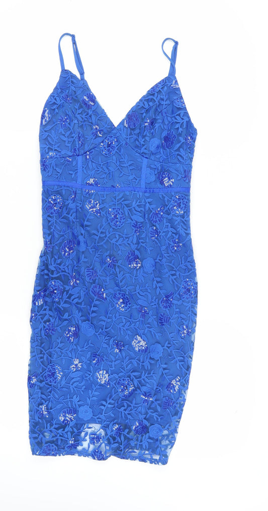 Lipsy Blue Floral Bodycon Dress, Size 10, Party Ready