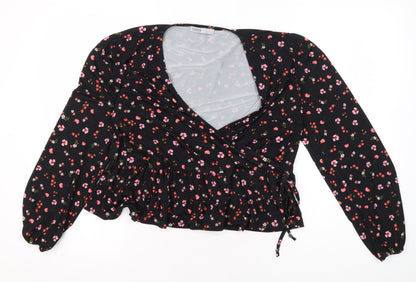 Oasis Women's Black Floral Wrap Blouse Size L