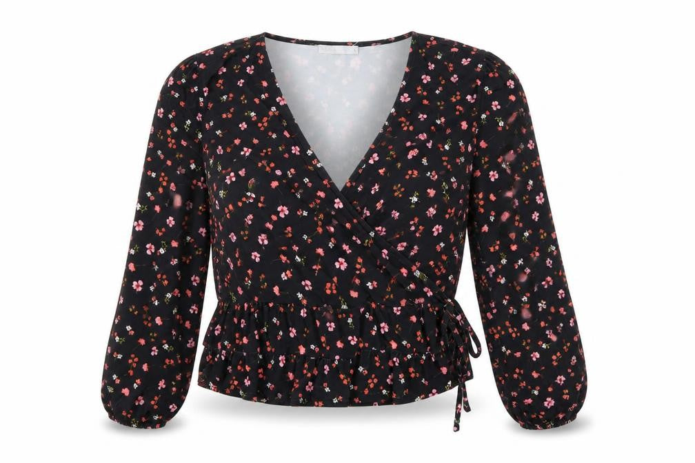 Oasis Women's Black Floral Wrap Blouse Size L