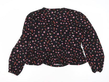 Oasis Women's Black Floral Wrap Blouse Size L