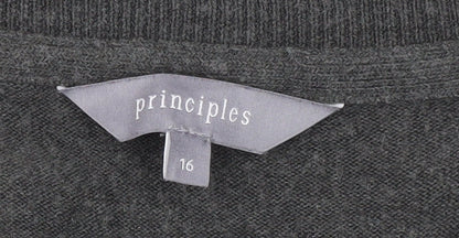 Brand and care label for Principles Women's Grey V-Neck Jumper, size 16
